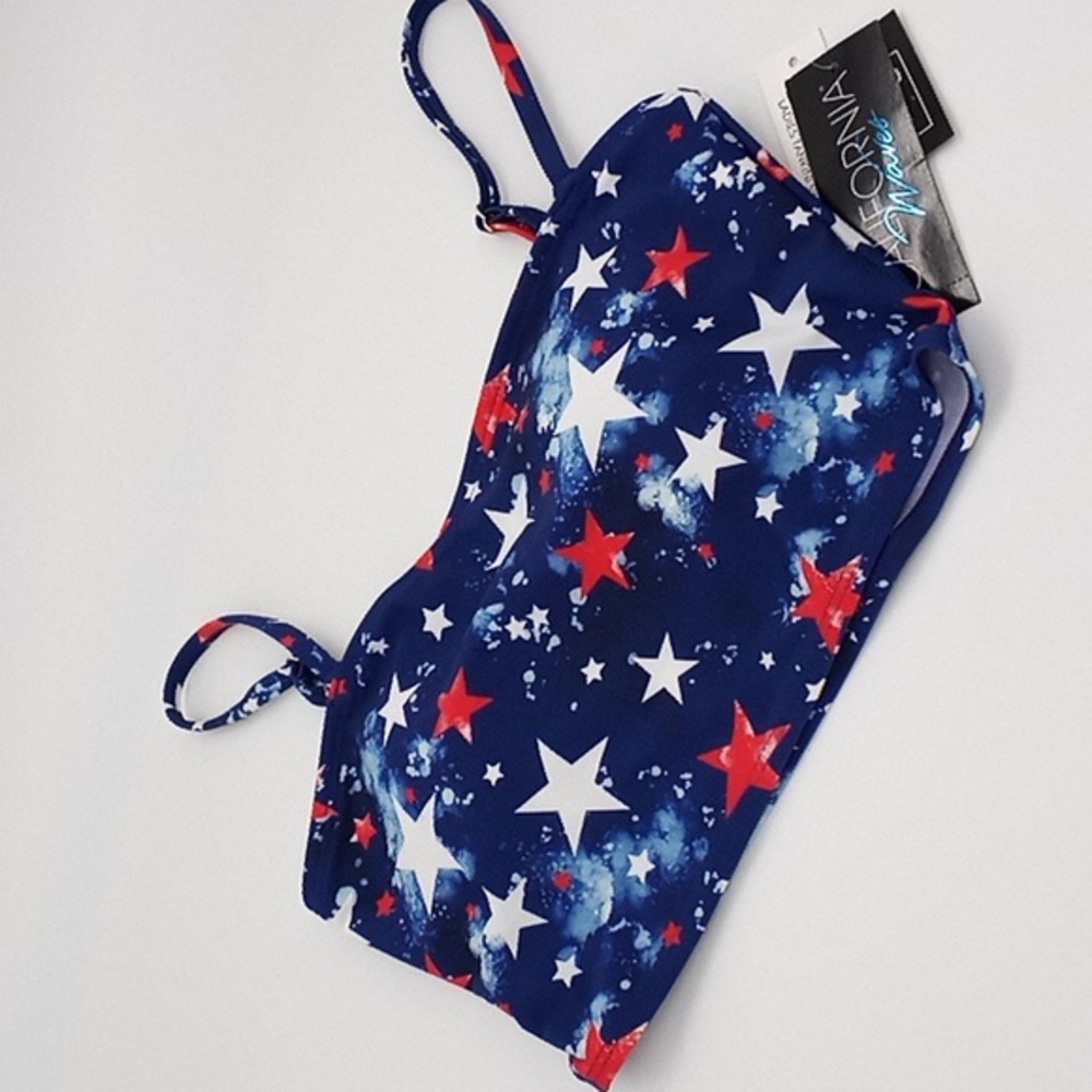 California Waves Splatter-Star‎ Long-Line Bandeau Bikini Top Red White Blue S